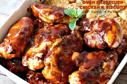 Oven Barbecued Chicken and Biscuits | Can't Stay Out of the Kitchen | this quick & easy 7-ingredient #chicken entree is perfect for weeknights when you're short on time. It only takes 5 minutes to prepare. This kid-friendly #casserole is absolutely mouthwatering. Our company loved it. #biscuits #BBQ #parmesancheese #BBQChicken 