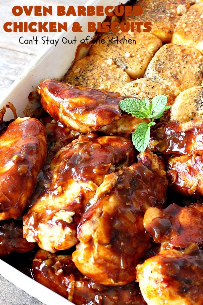 Oven Barbecued Chicken and Biscuits | Can't Stay Out of the Kitchen | this quick & easy 7-ingredient #chicken entree is perfect for weeknights when you're short on time. It only takes 5 minutes to prepare. This kid-friendly #casserole is absolutely mouthwatering. Our company loved it. #biscuits #BBQ #parmesancheese #BBQChicken 