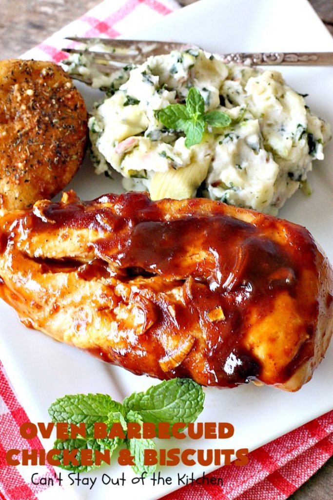 Oven Barbecued Chicken and Biscuits | Can't Stay Out of the Kitchen | this quick & easy 7-ingredient #chicken entree is perfect for weeknights when you're short on time. It only takes 5 minutes to prepare. This kid-friendly #casserole is absolutely mouthwatering. Our company loved it. #biscuits #BBQ #parmesancheese #BBQChicken 