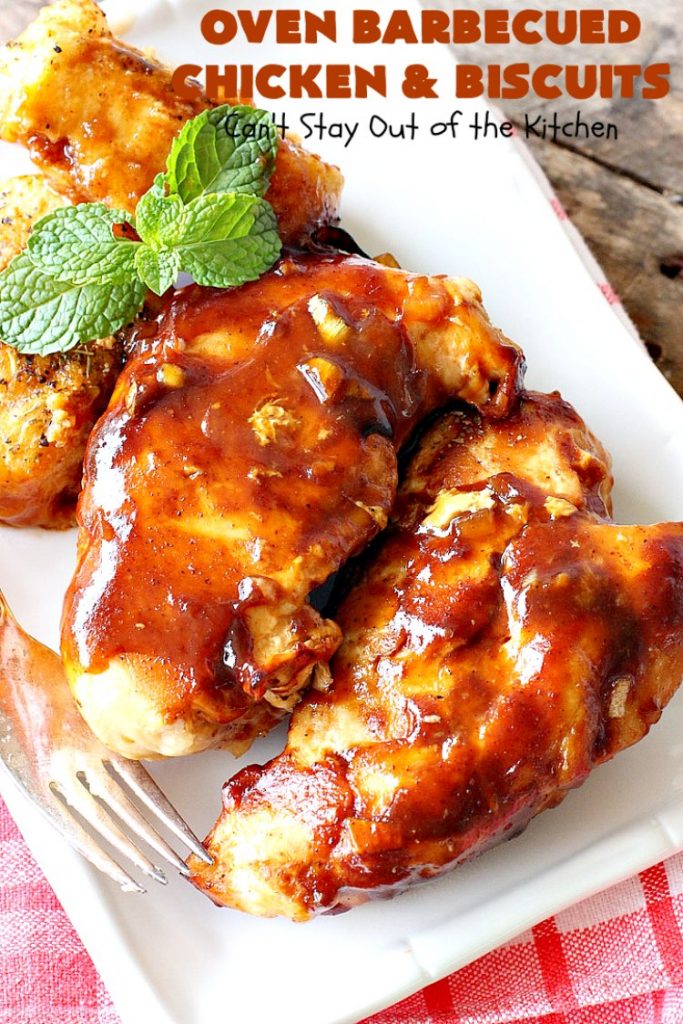 Oven Barbecued Chicken and Biscuits | Can't Stay Out of the Kitchen | this quick & easy 7-ingredient #chicken entree is perfect for weeknights when you're short on time. It only takes 5 minutes to prepare. This kid-friendly #casserole is absolutely mouthwatering. Our company loved it. #biscuits #BBQ #parmesancheese #BBQChicken 