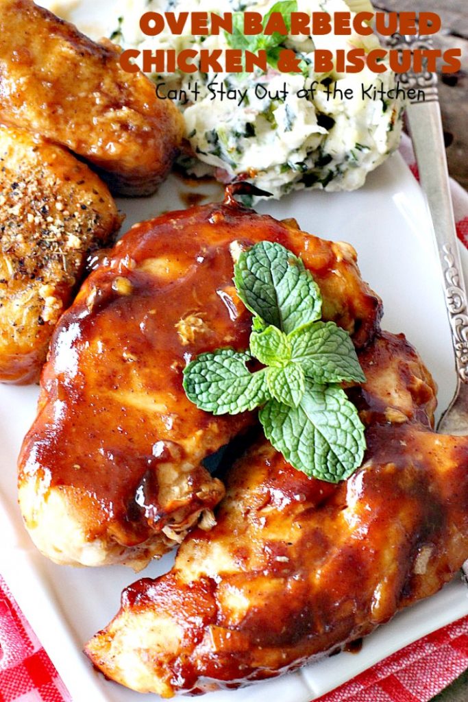 Oven Barbecued Chicken and Biscuits | Can't Stay Out of the Kitchen | this quick & easy 7-ingredient #chicken entree is perfect for weeknights when you're short on time. It only takes 5 minutes to prepare. This kid-friendly #casserole is absolutely mouthwatering. Our company loved it. #biscuits #BBQ #parmesancheese #BBQChicken 