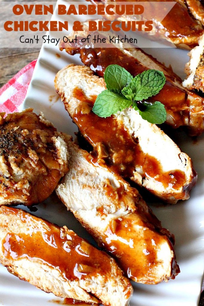 Oven Barbecued Chicken and Biscuits | Can't Stay Out of the Kitchen | this quick & easy 7-ingredient #chicken entree is perfect for weeknights when you're short on time. It only takes 5 minutes to prepare. This kid-friendly #casserole is absolutely mouthwatering. Our company loved it. #biscuits #BBQ #parmesancheese #BBQChicken 