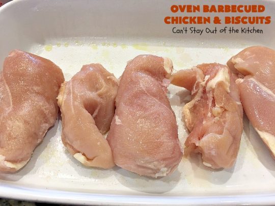 Oven Barbecued Chicken and Biscuits | Can't Stay Out of the Kitchen | this quick & easy 7-ingredient #chicken entree is perfect for weeknights when you're short on time. It only takes 5 minutes to prepare. This kid-friendly #casserole is absolutely mouthwatering. Our company loved it. #biscuits #BBQ #parmesancheese #BBQChicken 