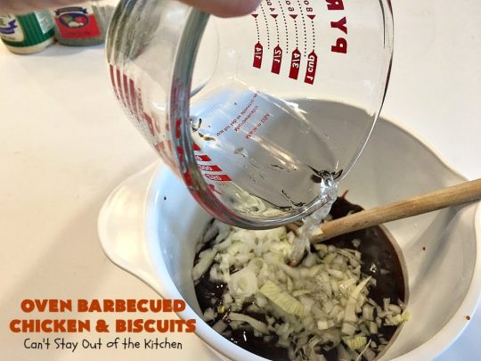 Oven Barbecued Chicken and Biscuits | Can't Stay Out of the Kitchen | this quick & easy 7-ingredient #chicken entree is perfect for weeknights when you're short on time. It only takes 5 minutes to prepare. This kid-friendly #casserole is absolutely mouthwatering. Our company loved it. #biscuits #BBQ #parmesancheese #BBQChicken 