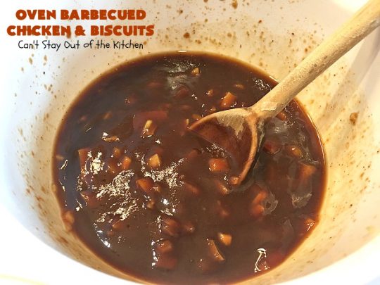Oven Barbecued Chicken and Biscuits | Can't Stay Out of the Kitchen | this quick & easy 7-ingredient #chicken entree is perfect for weeknights when you're short on time. It only takes 5 minutes to prepare. This kid-friendly #casserole is absolutely mouthwatering. Our company loved it. #biscuits #BBQ #parmesancheese #BBQChicken 