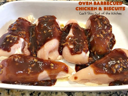 Oven Barbecued Chicken and Biscuits | Can't Stay Out of the Kitchen | this quick & easy 7-ingredient #chicken entree is perfect for weeknights when you're short on time. It only takes 5 minutes to prepare. This kid-friendly #casserole is absolutely mouthwatering. Our company loved it. #biscuits #BBQ #parmesancheese #BBQChicken 