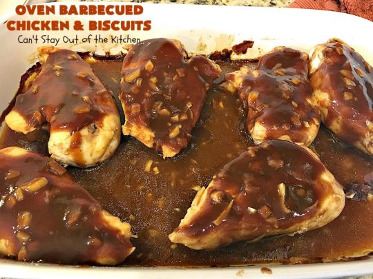 Oven Barbecued Chicken and Biscuits | Can't Stay Out of the Kitchen | this quick & easy 7-ingredient #chicken entree is perfect for weeknights when you're short on time. It only takes 5 minutes to prepare. This kid-friendly #casserole is absolutely mouthwatering. Our company loved it. #biscuits #BBQ #parmesancheese #BBQChicken 
