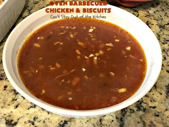 Oven Barbecued Chicken and Biscuits | Can't Stay Out of the Kitchen | this quick & easy 7-ingredient #chicken entree is perfect for weeknights when you're short on time. It only takes 5 minutes to prepare. This kid-friendly #casserole is absolutely mouthwatering. Our company loved it. #biscuits #BBQ #parmesancheese #BBQChicken 