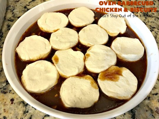 Oven Barbecued Chicken and Biscuits | Can't Stay Out of the Kitchen | this quick & easy 7-ingredient #chicken entree is perfect for weeknights when you're short on time. It only takes 5 minutes to prepare. This kid-friendly #casserole is absolutely mouthwatering. Our company loved it. #biscuits #BBQ #parmesancheese #BBQChicken 