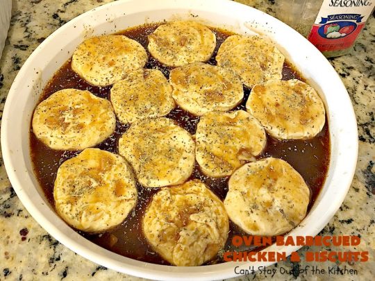 Oven Barbecued Chicken and Biscuits | Can't Stay Out of the Kitchen | this quick & easy 7-ingredient #chicken entree is perfect for weeknights when you're short on time. It only takes 5 minutes to prepare. This kid-friendly #casserole is absolutely mouthwatering. Our company loved it. #biscuits #BBQ #parmesancheese #BBQChicken 
