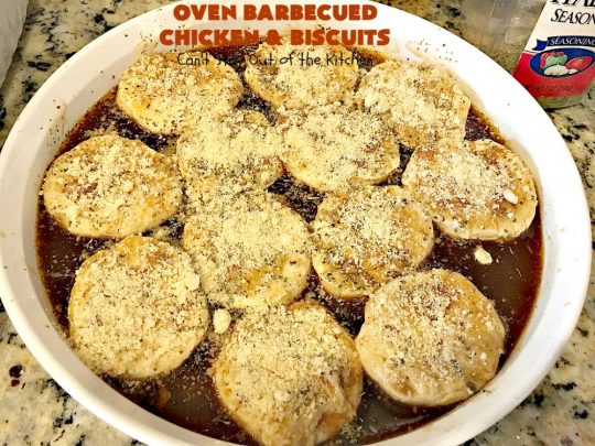 Oven Barbecued Chicken and Biscuits | Can't Stay Out of the Kitchen | this quick & easy 7-ingredient #chicken entree is perfect for weeknights when you're short on time. It only takes 5 minutes to prepare. This kid-friendly #casserole is absolutely mouthwatering. Our company loved it. #biscuits #BBQ #parmesancheese #BBQChicken 