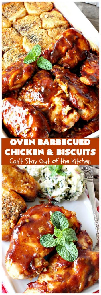 Oven Barbecued Chicken and Biscuits | Can't Stay Out of the Kitchen | this quick & easy 7-ingredient #chicken entree is perfect for weeknights when you're short on time. It only takes 5 minutes to prepare. This kid-friendly #casserole is absolutely mouthwatering. Our company loved it. #biscuits #BBQ #parmesancheese #BBQChicken