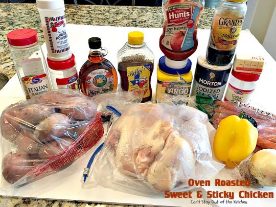 Oven Roasted Sweet and Sticky Chicken | Can't Stay Out of the Kitchen | amazing one-dish #chicken entree with potatoes & carrots. This one has a delightful sweet and sticky sauce. #glutenfree