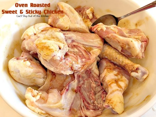 Oven Roasted Sweet and Sticky Chicken | Can't Stay Out of the Kitchen | amazing one-dish #chicken entree with potatoes & carrots. This one has a delightful sweet and sticky sauce. #glutenfree