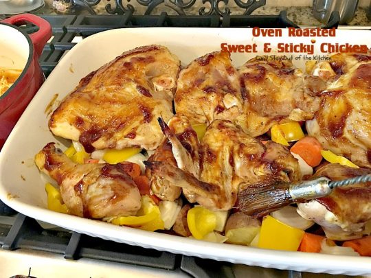 Oven Roasted Sweet and Sticky Chicken | Can't Stay Out of the Kitchen | amazing one-dish #chicken entree with potatoes & carrots. This one has a delightful sweet and sticky sauce. #glutenfree