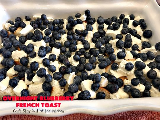 Overnight Blueberry French Toast | Can't Stay Out of the Kitchen | this amazing #FrenchToast is the most awesome decadent #breakfast #casserole you'll ever eat. It's loaded with #blueberries & cream cheese & served with homemade #blueberry sauce. Perfect for #MothersDay, #FathersDay or other #holiday breakfasts.