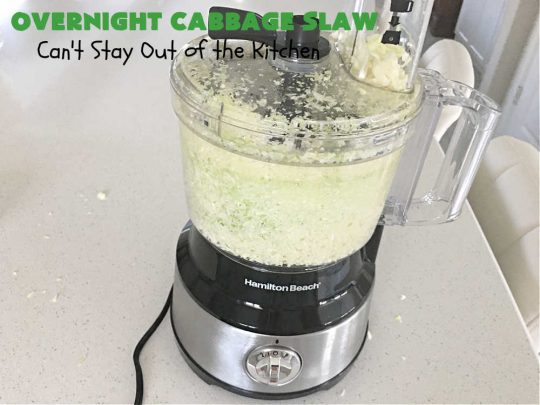 Overnight Cabbage Slaw | Can't Stay Out of the Kitchen | this delicious #ColeSlaw #recipe includes shredded #cabbage, #carrots, green bell pepper and red onion. It has an oil & vinegar dressing that's #healthy #LowCalorie, #vegan & #GlutenFree. Since it's made in advance, it's perfect for summer #holidays, potlucks, #tailgating parties, backyard BBQs or grilling out with friends. #OvernightCabbageSlaw