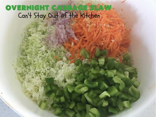Overnight Cabbage Slaw | Can't Stay Out of the Kitchen | this delicious #ColeSlaw #recipe includes shredded #cabbage, #carrots, green bell pepper and red onion. It has an oil & vinegar dressing that's #healthy #LowCalorie, #vegan & #GlutenFree. Since it's made in advance, it's perfect for summer #holidays, potlucks, #tailgating parties, backyard BBQs or grilling out with friends. #OvernightCabbageSlaw