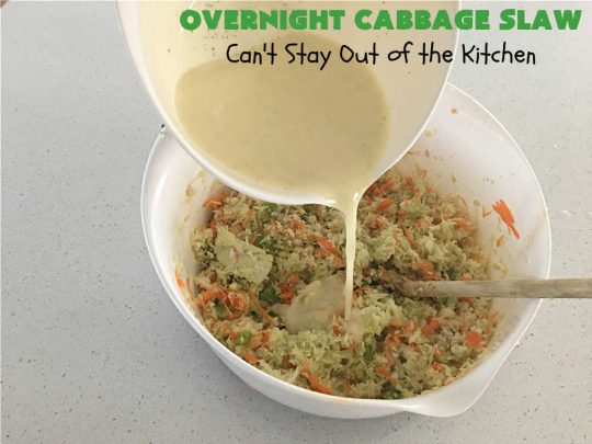 Overnight Cabbage Slaw | Can't Stay Out of the Kitchen | this delicious #ColeSlaw #recipe includes shredded #cabbage, #carrots, green bell pepper and red onion. It has an oil & vinegar dressing that's #healthy #LowCalorie, #vegan & #GlutenFree. Since it's made in advance, it's perfect for summer #holidays, potlucks, #tailgating parties, backyard BBQs or grilling out with friends. #OvernightCabbageSlaw