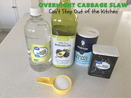 Overnight Cabbage Slaw | Can't Stay Out of the Kitchen | this delicious #ColeSlaw #recipe includes shredded #cabbage, #carrots, green bell pepper and red onion. It has an oil & vinegar dressing that's #healthy #LowCalorie, #vegan & #GlutenFree. Since it's made in advance, it's perfect for summer #holidays, potlucks, #tailgating parties, backyard BBQs or grilling out with friends. #OvernightCabbageSlaw
