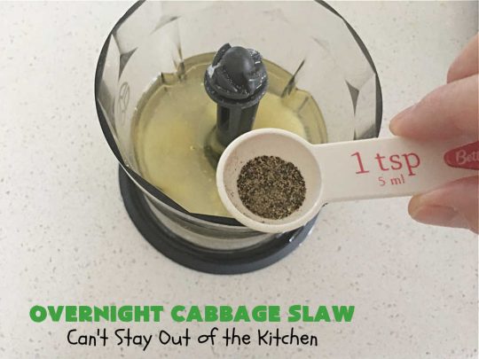 Overnight Cabbage Slaw | Can't Stay Out of the Kitchen | this delicious #ColeSlaw #recipe includes shredded #cabbage, #carrots, green bell pepper and red onion. It has an oil & vinegar dressing that's #healthy #LowCalorie, #vegan & #GlutenFree. Since it's made in advance, it's perfect for summer #holidays, potlucks, #tailgating parties, backyard BBQs or grilling out with friends. #OvernightCabbageSlaw