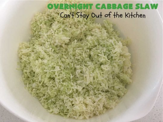 Overnight Cabbage Slaw | Can't Stay Out of the Kitchen | this delicious #ColeSlaw #recipe includes shredded #cabbage, #carrots, green bell pepper and red onion. It has an oil & vinegar dressing that's #healthy #LowCalorie, #vegan & #GlutenFree. Since it's made in advance, it's perfect for summer #holidays, potlucks, #tailgating parties, backyard BBQs or grilling out with friends. #OvernightCabbageSlaw