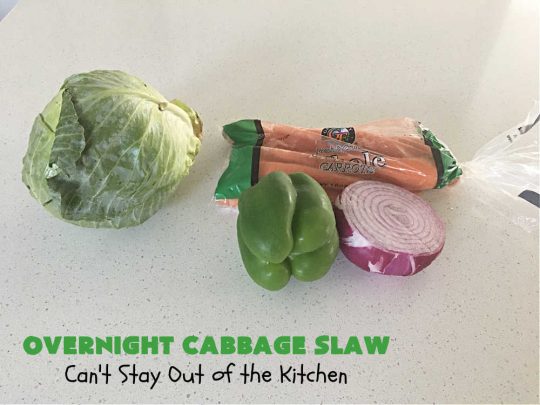 Overnight Cabbage Slaw | Can't Stay Out of the Kitchen | this delicious #ColeSlaw #recipe includes shredded #cabbage, #carrots, green bell pepper and red onion. It has an oil & vinegar dressing that's #healthy #LowCalorie, #vegan & #GlutenFree. Since it's made in advance, it's perfect for summer #holidays, potlucks, #tailgating parties, backyard BBQs or grilling out with friends. #OvernightCabbageSlaw