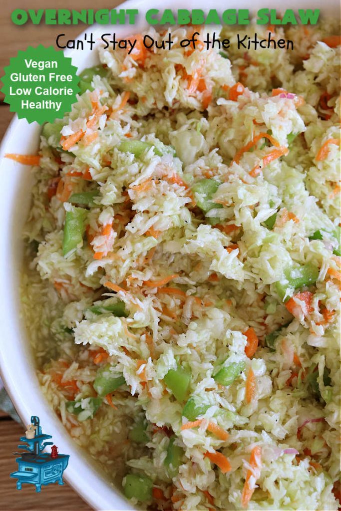 Overnight Cabbage Slaw | Can't Stay Out of the Kitchen | this delicious #ColeSlaw #recipe includes shredded #cabbage, #carrots, green bell pepper and red onion. It has an oil & vinegar dressing that's #healthy #LowCalorie, #vegan & #GlutenFree. Since it's made in advance, it's perfect for summer #holidays, potlucks, #tailgating parties, backyard BBQs or grilling out with friends. #OvernightCabbageSlaw