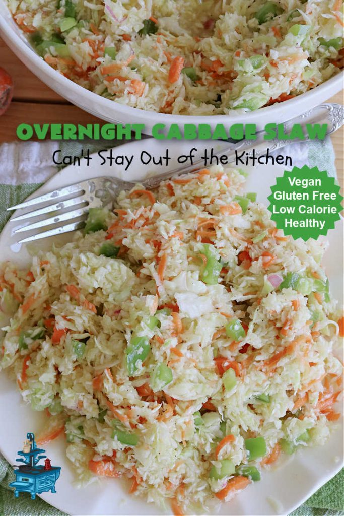 Overnight Cabbage Slaw | Can't Stay Out of the Kitchen | this delicious #ColeSlaw #recipe includes shredded #cabbage, #carrots, green bell pepper and red onion. It has an oil & vinegar dressing that's #healthy #LowCalorie, #vegan & #GlutenFree. Since it's made in advance, it's perfect for summer #holidays, potlucks, #tailgating parties, backyard BBQs or grilling out with friends. #OvernightCabbageSlaw