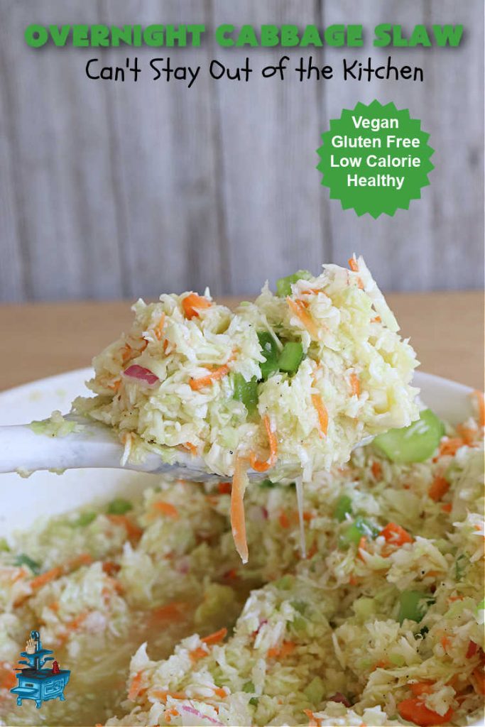 Overnight Cabbage Slaw | Can't Stay Out of the Kitchen | this delicious #ColeSlaw #recipe includes shredded #cabbage, #carrots, green bell pepper and red onion. It has an oil & vinegar dressing that's #healthy #LowCalorie, #vegan & #GlutenFree. Since it's made in advance, it's perfect for summer #holidays, potlucks, #tailgating parties, backyard BBQs or grilling out with friends. #OvernightCabbageSlaw