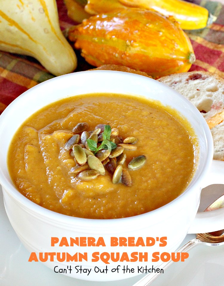 Panera Bread's Autumn Squash Soup | Can't Stay Out of the Kitchen | This awesome #soup is a terrific #copycat #recipe of #PaneraBread's version. This #glutenfree version can easily be made #vegan. #pumpkin #butternutsquash