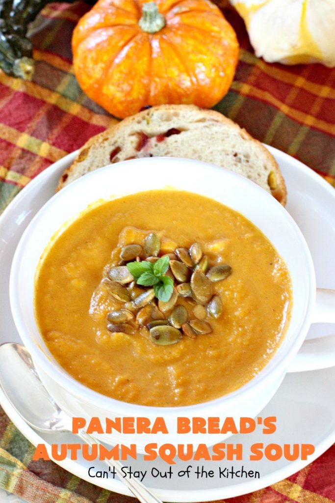 Panera Bread's Autumn Squash Soup | Can't Stay Out of the Kitchen | This awesome #soup is a terrific #copycat #recipe of #PaneraBread's version. This #glutenfree version can easily be made #vegan. #pumpkin #butternutsquash