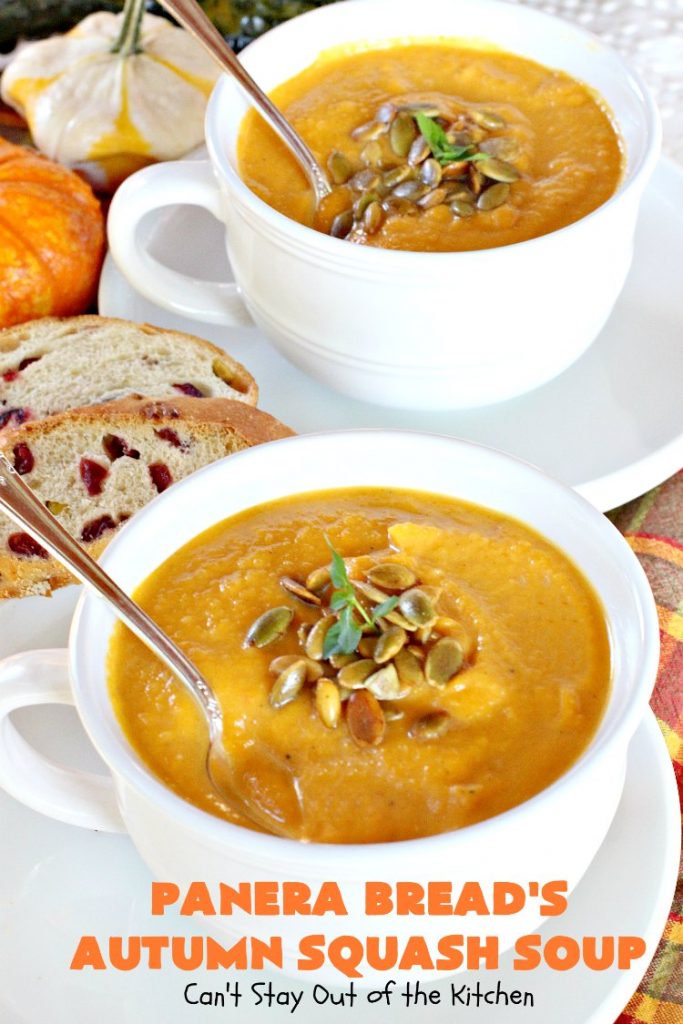Panera Bread's Autumn Squash Soup | Can't Stay Out of the Kitchen | This awesome #soup is a terrific #copycat #recipe of #PaneraBread's version. This #glutenfree version can easily be made #vegan. #pumpkin #butternutsquash