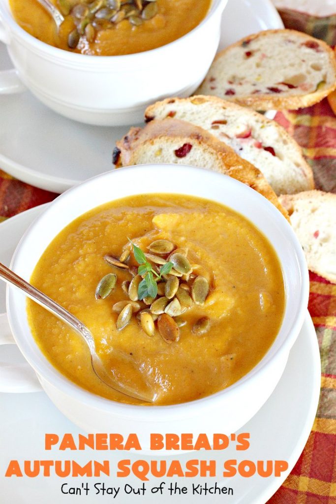 Panera Bread's Autumn Squash Soup | Can't Stay Out of the Kitchen | This awesome #soup is a terrific #copycat #recipe of #PaneraBread's version. This #glutenfree version can easily be made #vegan. #pumpkin #butternutsquash
