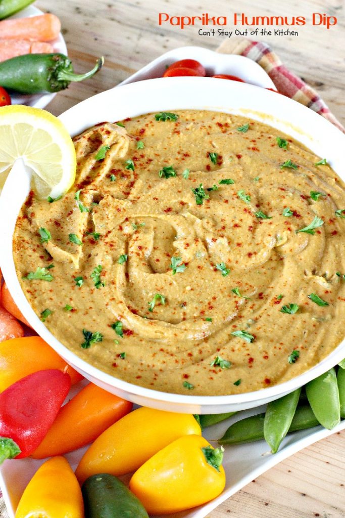 Paprika Hummus Dip | Can't Stay Out of the Kitchen | this healthy, low-calorie #appetizer is a great #tailgating snack. #glutenfree #vegan