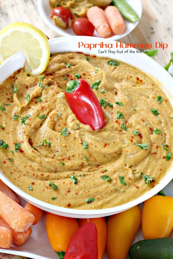 Paprika Hummus Dip | Can't Stay Out of the Kitchen | this healthy, low-calorie #appetizer is a great #tailgating snack. #glutenfree #vegan