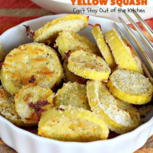 Parmesan Baked Yellow Squash | Can't Stay Out of the Kitchen | #YellowSquash never tasted as great as in this #recipe. It's baked in a #cornmeal coating with #ParmesanCheese sprinkled over top. So easy & delicious. Terrific #SideDish for #MothersDay or #FathersDay. #Healthy #LowCalorie #GlutenFree