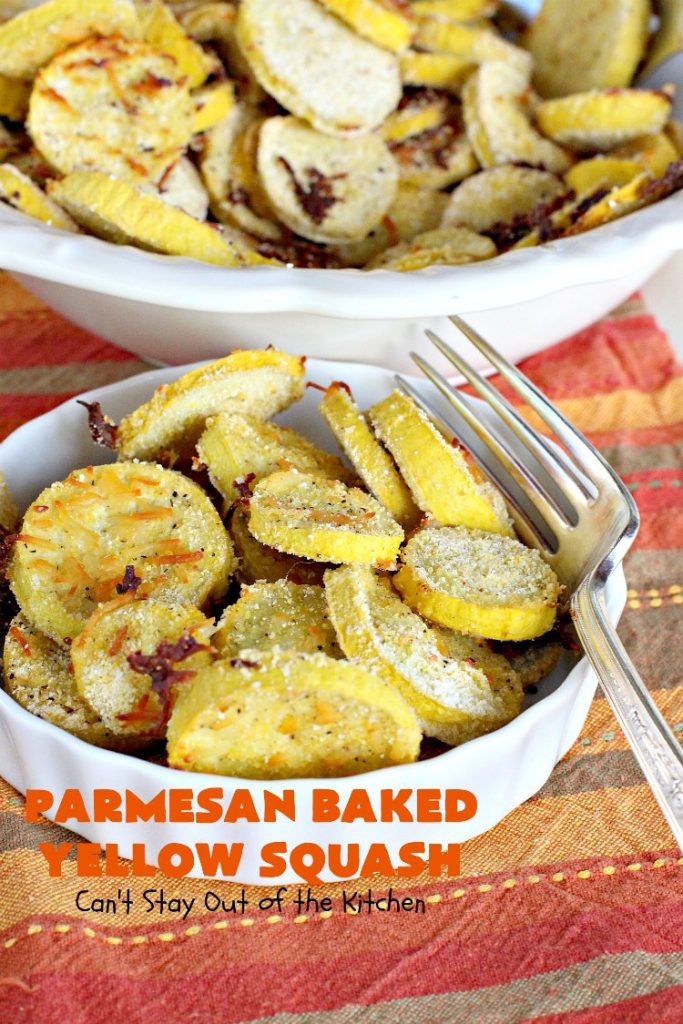 Parmesan Baked Yellow Squash | Can't Stay Out of the Kitchen | #YellowSquash never tasted as great as in this #recipe. It's baked in a #cornmeal coating with #ParmesanCheese sprinkled over top. So easy & delicious. Terrific #SideDish for #MothersDay or #FathersDay. #Healthy #LowCalorie #GlutenFree