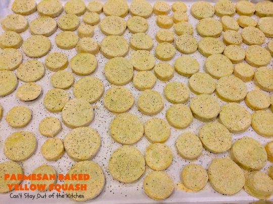 Parmesan Baked Yellow Squash | Can't Stay Out of the Kitchen | #YellowSquash never tasted as great as in this #recipe. It's baked in a #cornmeal coating with #ParmesanCheese sprinkled over top. So easy & delicious. Terrific #SideDish for #MothersDay or #FathersDay. #Healthy #LowCalorie #GlutenFree