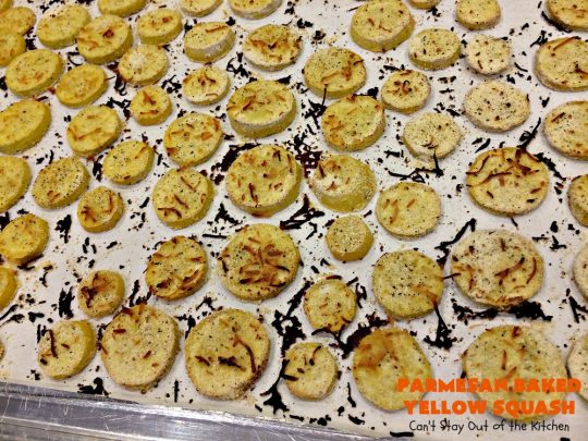 Parmesan Baked Yellow Squash | Can't Stay Out of the Kitchen | #YellowSquash never tasted as great as in this #recipe. It's baked in a #cornmeal coating with #ParmesanCheese sprinkled over top. So easy & delicious. Terrific #SideDish for #MothersDay or #FathersDay. #Healthy #LowCalorie #GlutenFree