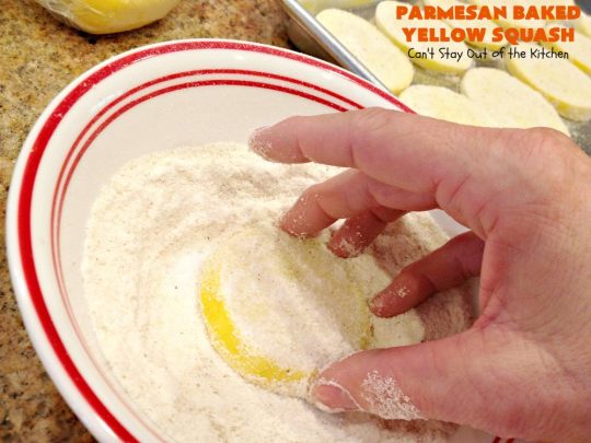 Parmesan Baked Yellow Squash | Can't Stay Out of the Kitchen | #YellowSquash never tasted as great as in this #recipe. It's baked in a #cornmeal coating with #ParmesanCheese sprinkled over top. So easy & delicious. Terrific #SideDish for #MothersDay or #FathersDay. #Healthy #LowCalorie #GlutenFree