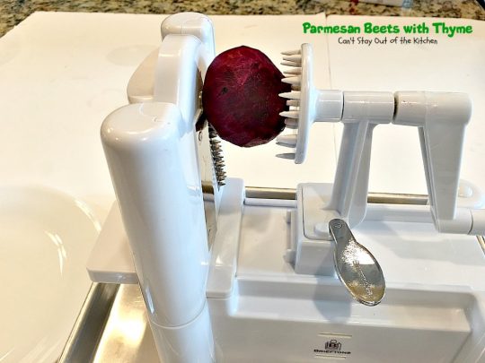 Parmesan Beets with Thyme | Can't Stay Out of the Kitchen | this is a scrumptious savory recipe for #beets. Using a #spiralizer makes this side dish a delightful experience. Great #holiday #casserole that's quick & easy. #glutenfree #parmesancheese