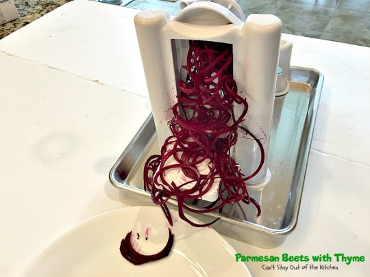 Parmesan Beets with Thyme | Can't Stay Out of the Kitchen | this is a scrumptious savory recipe for #beets. Using a #spiralizer makes this side dish a delightful experience. Great #holiday #casserole that's quick & easy. #glutenfree #parmesancheese