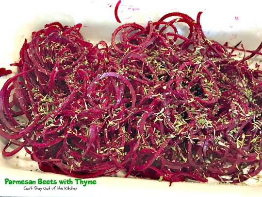 Parmesan Beets with Thyme | Can't Stay Out of the Kitchen | this is a scrumptious savory recipe for #beets. Using a #spiralizer makes this side dish a delightful experience. Great #holiday #casserole that's quick & easy. #glutenfree #parmesancheese