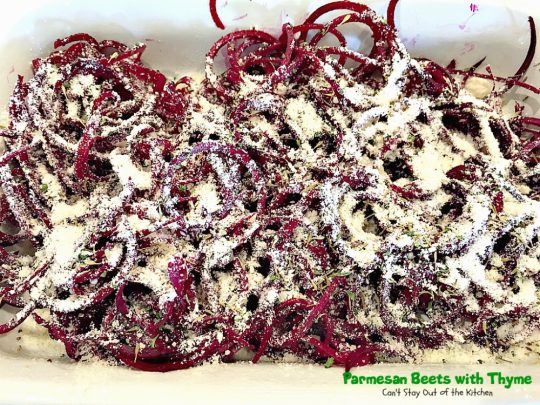 Parmesan Beets with Thyme | Can't Stay Out of the Kitchen | this is a scrumptious savory recipe for #beets. Using a #spiralizer makes this side dish a delightful experience. Great #holiday #casserole that's quick & easy. #glutenfree #parmesancheese