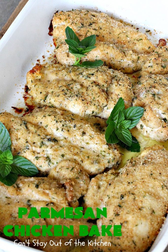 Parmesan Chicken Bake | Can't Stay Out of the Kitchen | this is by far my favorite #chicken entree. It can be oven ready in 5 minutes so it's incredibly quick & easy. It's terrific for company or #holiday dinners like #Easter, #MothersDay or #FathersDay too. We love this #recipe. #parmesancheese