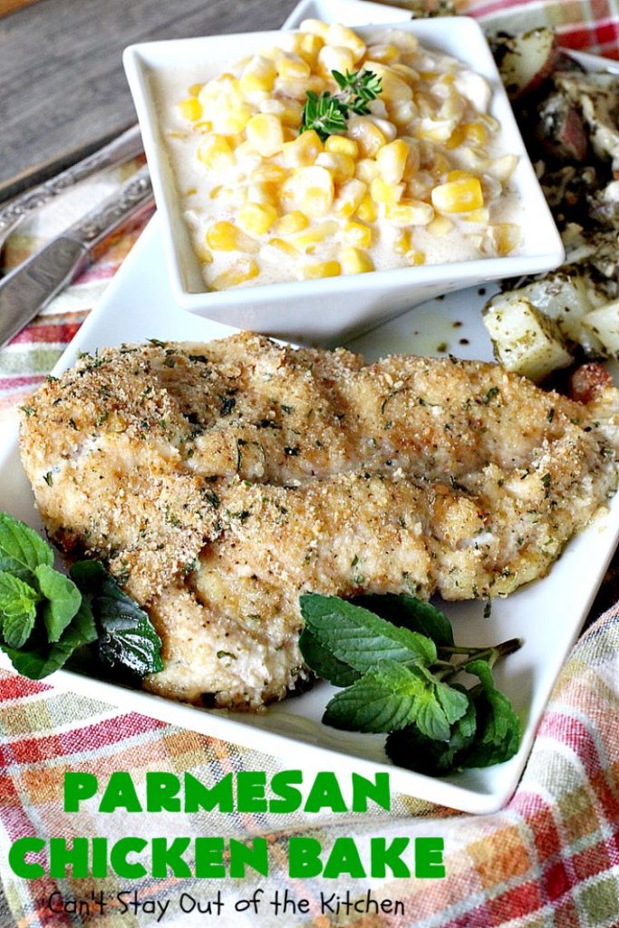 Parmesan Chicken Bake | Can't Stay Out of the Kitchen | this is by far my favorite #chicken entree. It can be oven ready in 5 minutes so it's incredibly quick & easy. It's terrific for company or #holiday dinners like #Easter, #MothersDay or #FathersDay too. We love this #recipe. #parmesancheese