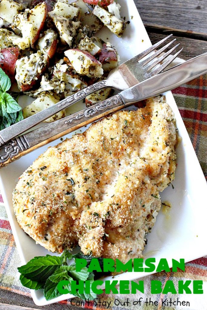 Parmesan Chicken Bake | Can't Stay Out of the Kitchen | this is by far my favorite #chicken entree. It can be oven ready in 5 minutes so it's incredibly quick & easy. It's terrific for company or #holiday dinners like #Easter, #MothersDay or #FathersDay too. We love this #recipe. #parmesancheese