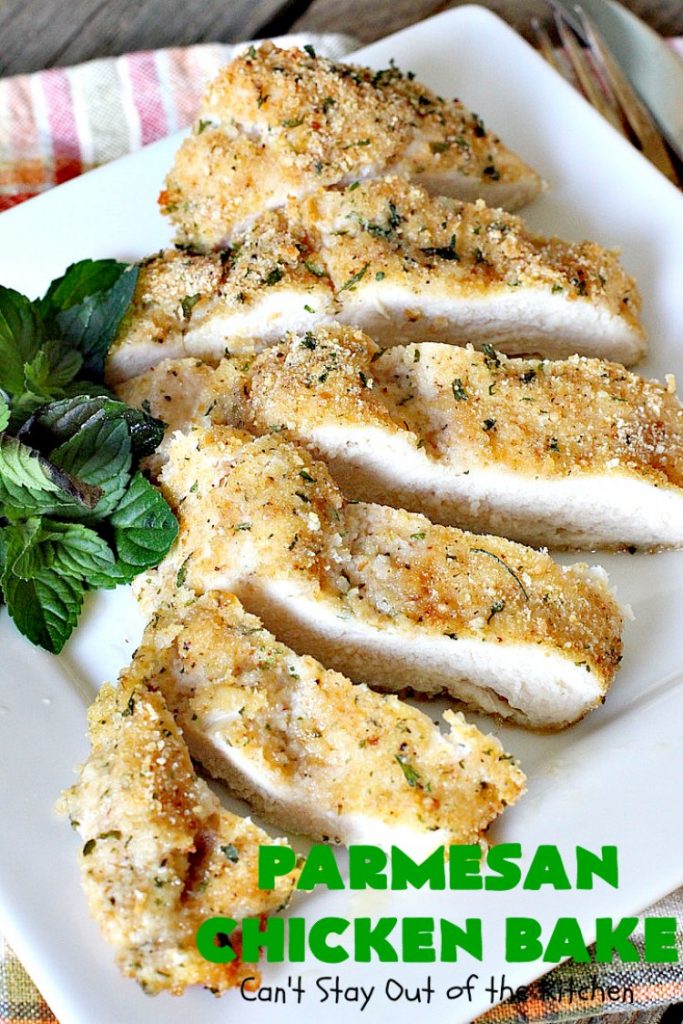 Parmesan Chicken Bake | Can't Stay Out of the Kitchen | this is by far my favorite #chicken entree. It can be oven ready in 5 minutes so it's incredibly quick & easy. It's terrific for company or #holiday dinners like #Easter, #MothersDay or #FathersDay too. We love this #recipe. #parmesancheese