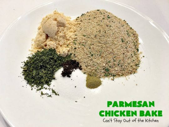 Parmesan Chicken Bake | Can't Stay Out of the Kitchen | this is by far my favorite #chicken entree. It can be oven ready in 5 minutes so it's incredibly quick & easy. It's terrific for company or #holiday dinners like #Easter, #MothersDay or #FathersDay too. We love this #recipe. #parmesancheese